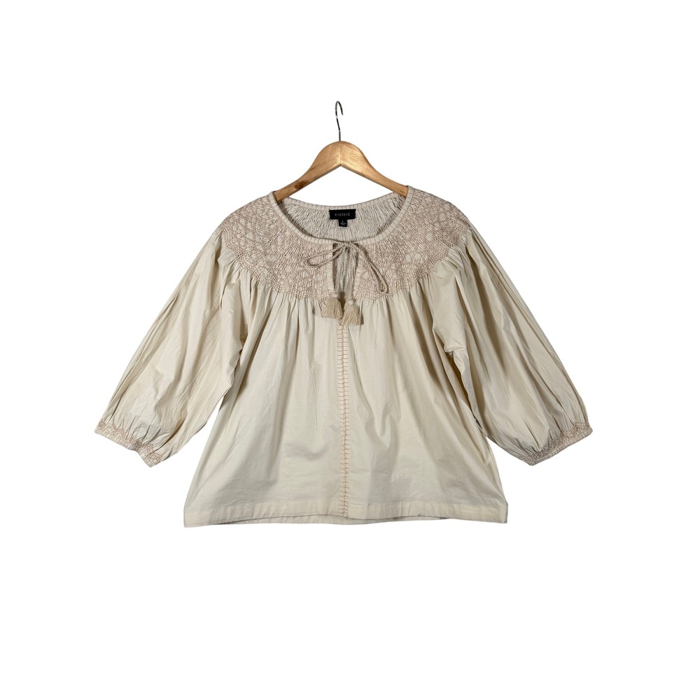 Evereve Smocked Peasant Top Large Off White Tassel‎ Tie Boho Festival NWOT!
